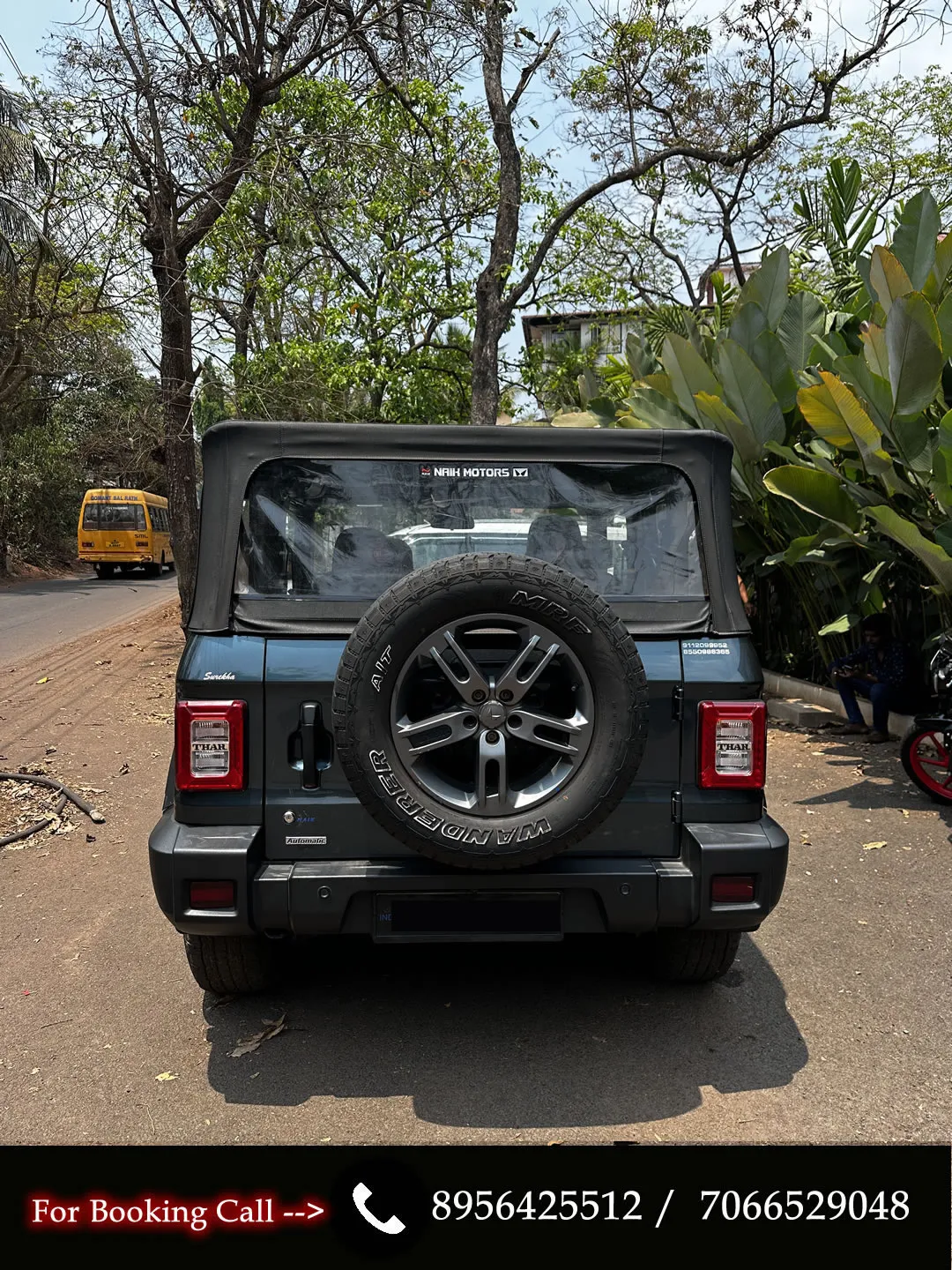 Rear view of the Mahindra Thar Convertible, a popular choice for car rentals in Goa.