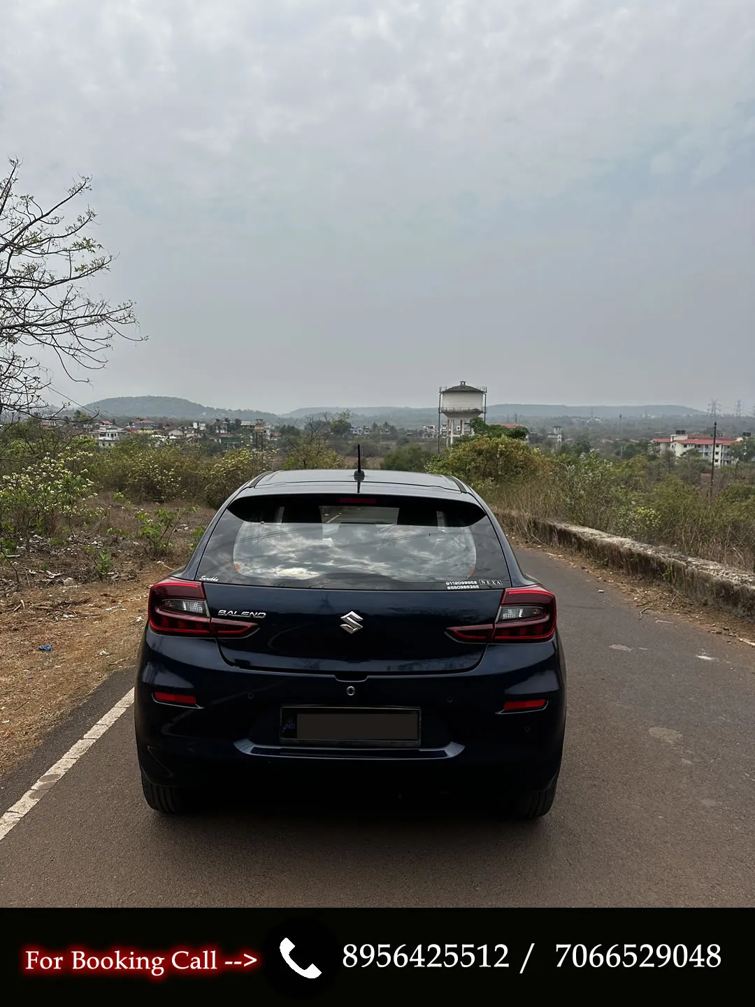Rear view of the Maruti Baleno, a popular hatchback for rent in Goa.