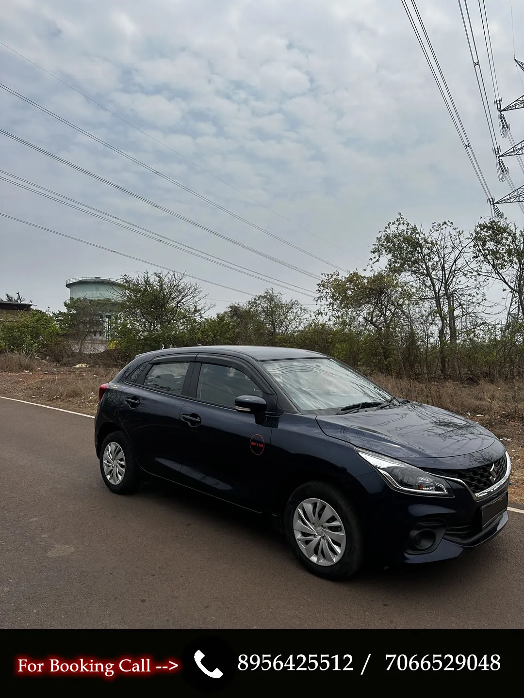 Side profile of the Maruti Baleno, a fuel-efficient hatchback for rent in Goa.